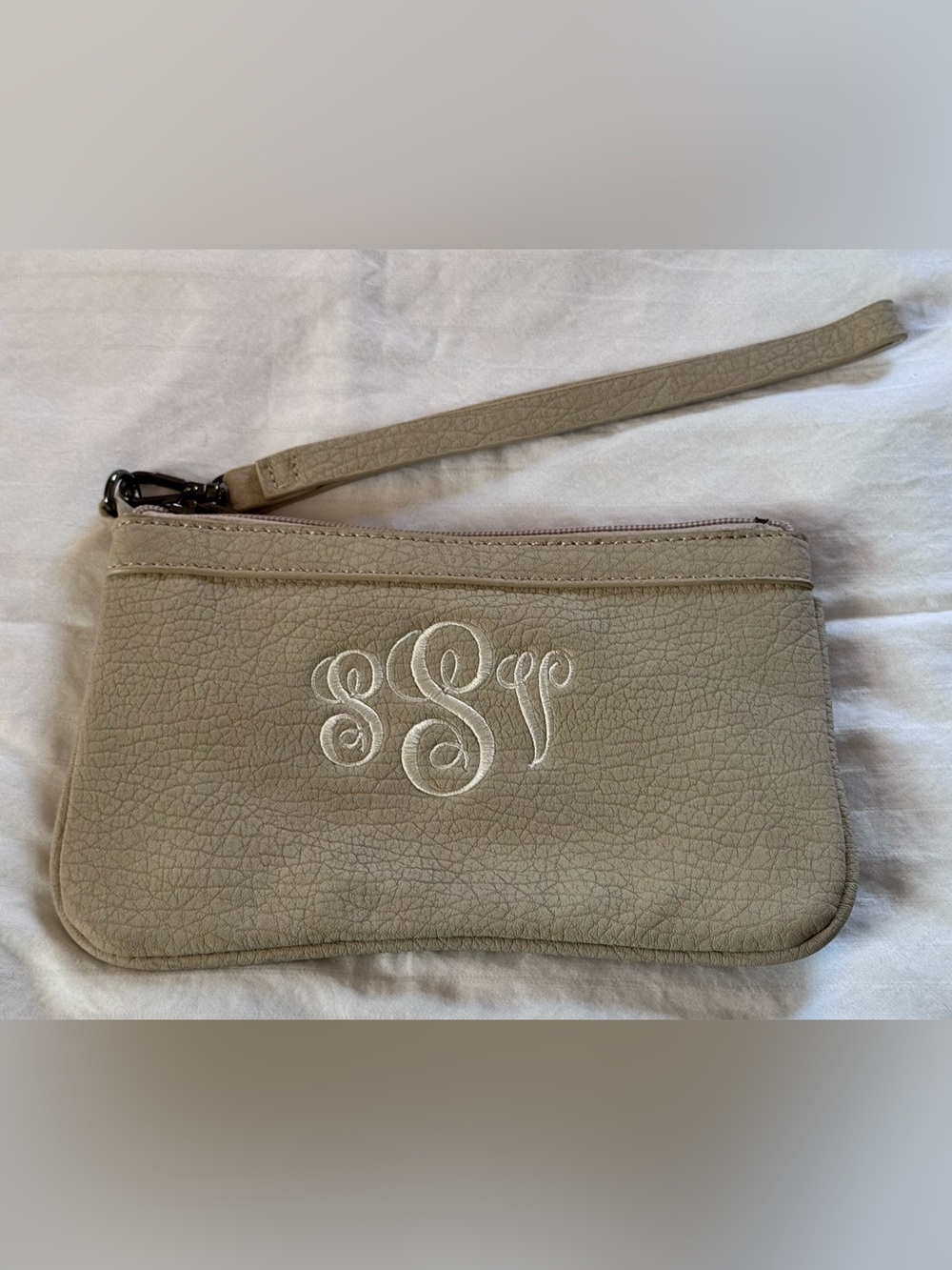 Initial Outfitters Monogrammed Wristlet Clutch in Taupe. Initials SVS